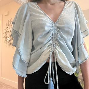 Lightweight Blue Blouse with Tassels